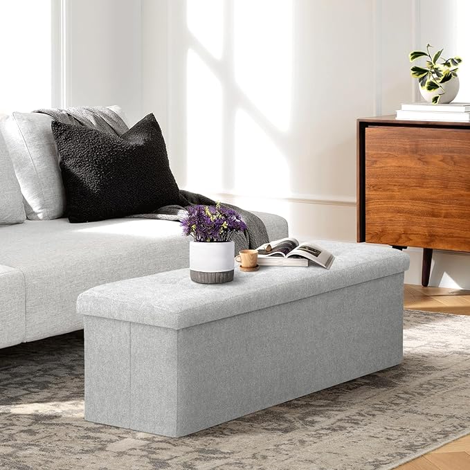 Athena Collection Ottoman Bench with Storage, 43 Inches Large End of Bed Storage Ottoman Bench, 130L Load 220 Lbs Linen Foot Rest for Bedroom, Living Room, Entyway, Light Gray