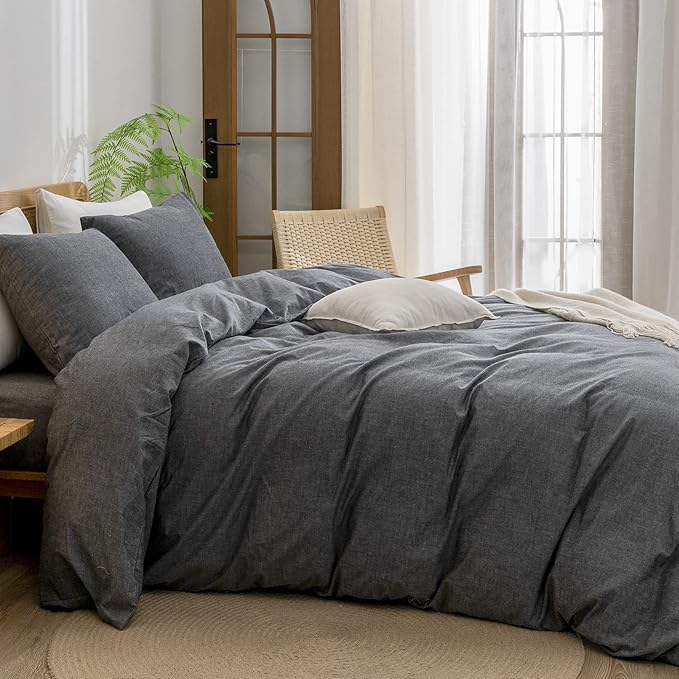 BESTOUCH Duvet Cover Set 100% Washed Cotton Linen Feel Super Soft Comfortable Chic Lightweight 3 PCs Home Bedding Set Solid Dark Black Cal King