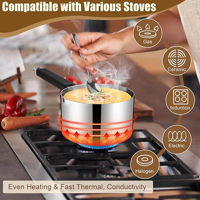 E-far 2 Quart Sauce Pan with Lid, Stainless Steel Tri-Ply All Clad Small Cooking Pot with Pour Spout, Multipurpose Induction Saucepan & Stay-Cool Handle, Compatible with All Cooktops, Dishwasher Safe