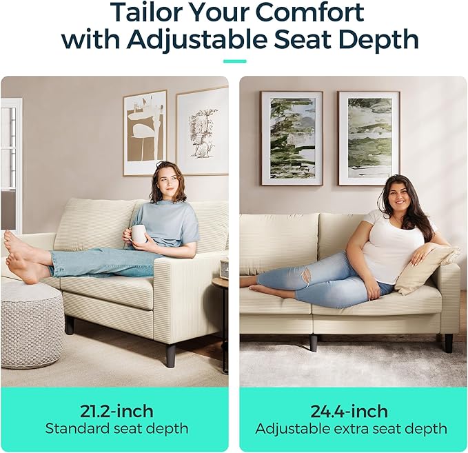 LINSY 79'' Beige Loveseat Sofa - Comfy Couch Corduroy Love Seat Couch with Adjustable Seat Depth Ergonomic Design Modern 2-Seater Soft Sofa for Living Room Bedroom Apartment Office, Beige