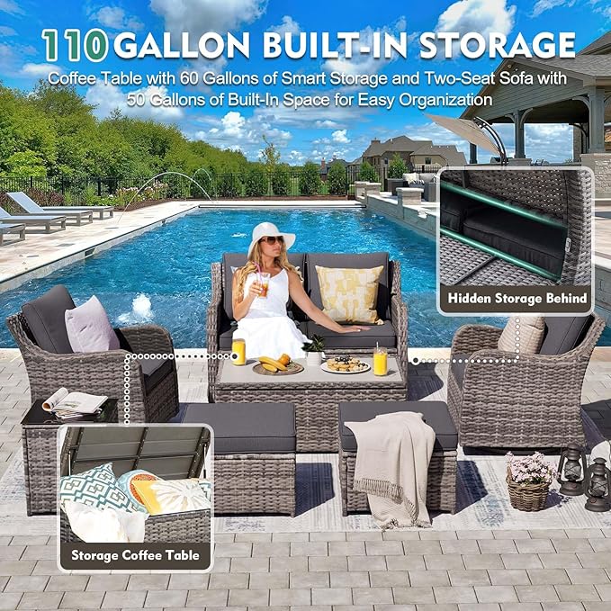 Outdoor Patio Furniture Set with Swivel Chairs, 7 Pieces Wicker Rattan Sofa Couch with Loveseat, Patio Conversation Set with Rocker Patio Chair, 2 Ottomans and Coffee Table (Grey)