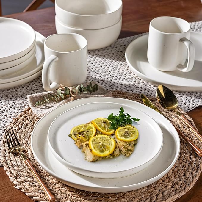 AmorArc Ceramic Dinnerware Sets, Wavy Rim Stoneware Plates and Bowls Sets,Highly Chip and Crack Resistant | Dishwasher & Microwave & Oven Safe Dishes set, Service for 8 (24pc)-Matte Speckled White