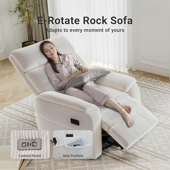 Claiks Power Swivel Rocker Recliner Chair, Oversized Recliner Chairs for Adults, Corduroy Overstuffed Reclining Chair with USB and Type-C Ports for Living Room, White