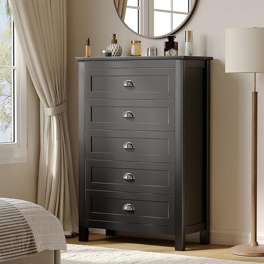5 Drawer Dresser, Farmhouse Tall Dresser for Bedroom, Antique Black Chest of Drawers, Modern Dressers for Bedroom, Closet