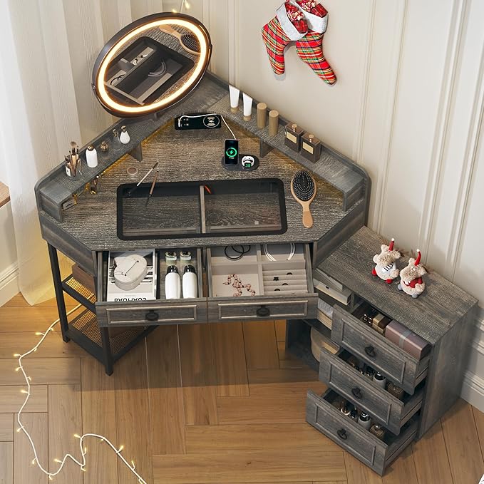 Corner Vanity Desk with Lighted Rotating Mirror and Lights, Glass Top Makeup Vanity with Corner Shelf&5 Drawers, Girls Vanitys with Charging Station,Jewelry Organizers for Bedroom,Brown