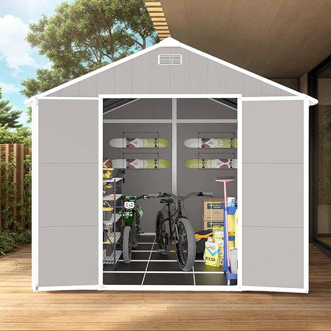 8x10 FT Outdoor Storage Resin Shed with Floor, Plastic Garden Tool Shed with Sloped Roof, Lockable Door & Windows, Easy to Assemble Bike Shed for Lawn, Backyard, Patio, Grey