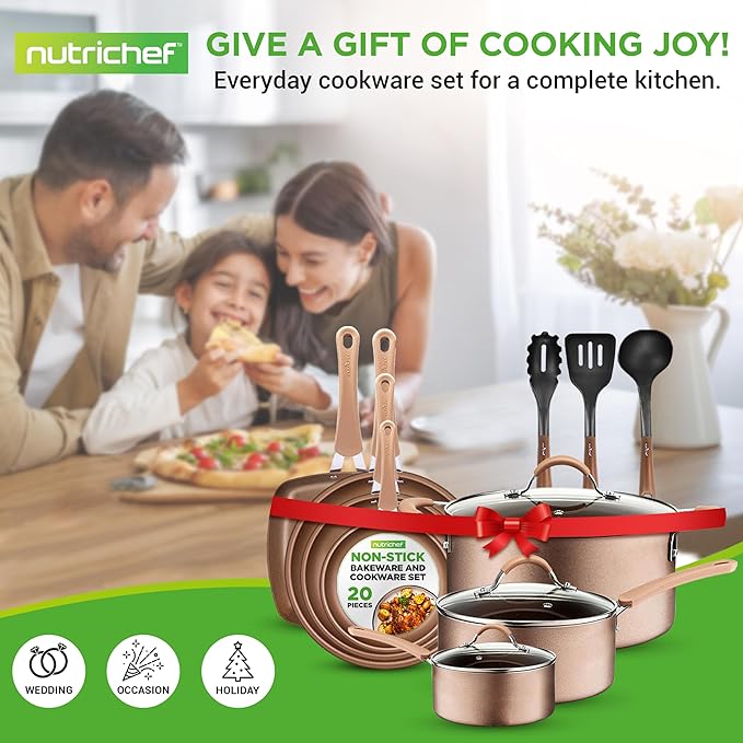 NutriChef 14-Piece Non Stick Kitchen Cookware Set w/Saucepan, Frying Pans, Cooking Pots, Dutch Oven Pot, Lids, Utensil, Gold