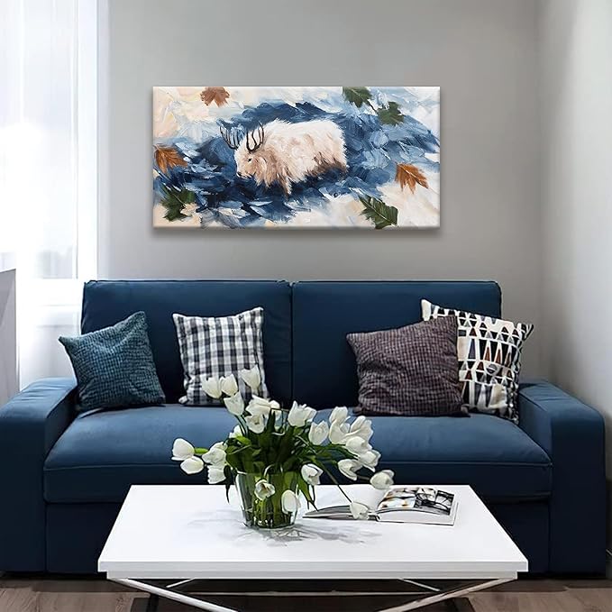 Animals Abstract Wall Art Paintings Rustic Cow Dark Blue Canvas Art Wall Decor Prints Picture For Bedroom Living Room Office Home Wall Decor 20"X 40" Ready To Hang