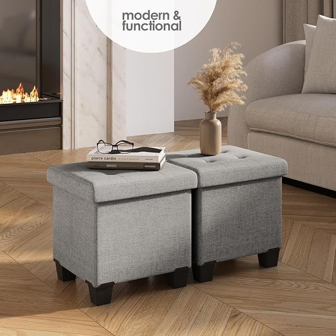 STORAGEBUD Storage Ottoman Cube with Small Bin, 16-in Square Ottoman with Storage for Living Room and Bedroom, Small Ottomans Foot Rest, Fabric Foot Stools Ottomans Max 330lbs, Light Grey