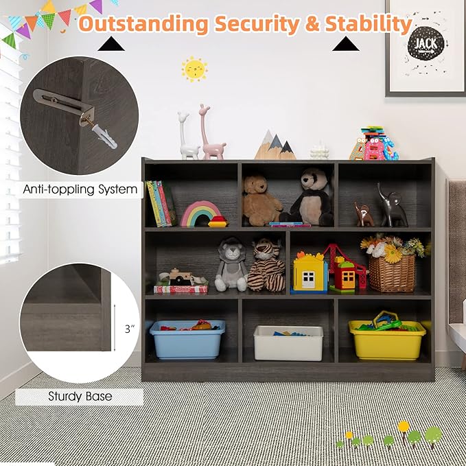 Toy Storage Organizer, 3-Tier Kids Bookshelf, 8 Cube Kids' Bookcases, Cabinets & Shelves, Wooden Toy Organizers, Small Book Shelf for Bedroom, Playroom, Classroom, Nursery (Gray)
