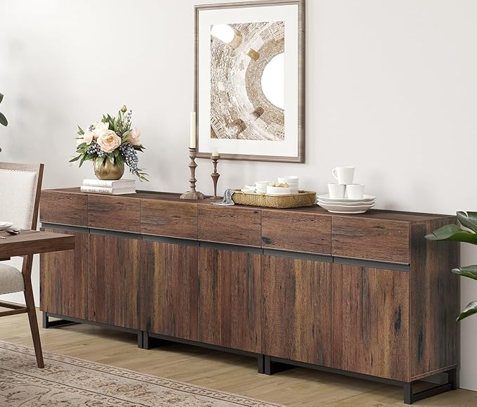 Wampat Modern TV Stand for 100 inch TVs, 3 in 1 Entertainment Center Console with Adjustable Shelves and Metal Base for Living Room, Bedroom, Brown