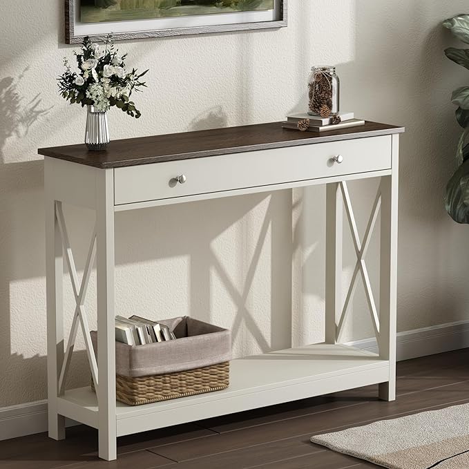 Treocho Farmhouse Console Table with Drawer and Storage Shelves, Foyer Sofa Table Narrow for Entryway, Living Room, Hallway, Antique White & Brown