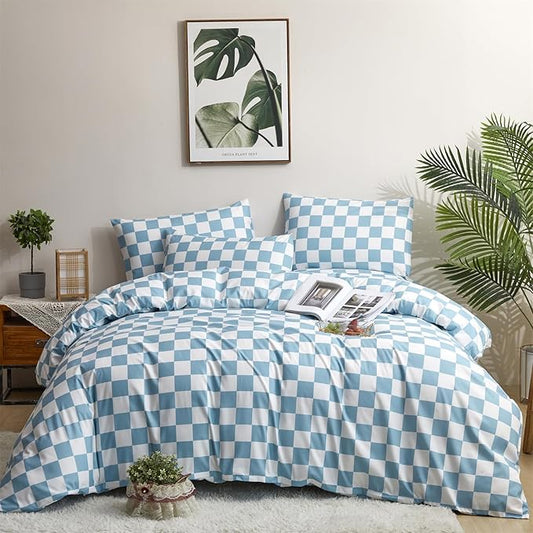 CLOTHKNOW Blue White Plaid Twin/Twin XL Comforter Set 3Pcs Grid Bedding Comforter Sets Blue Comforter Soft Lake Blue Comforter Sets Twin