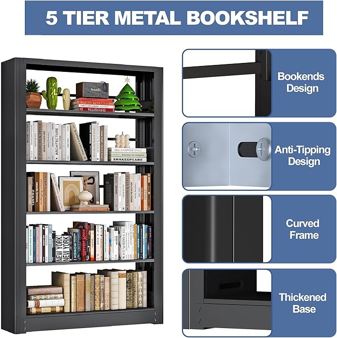 Heavy Duty 5-Tier Metal Bookshelf, Industrial Tall Book Shelf with Adjustable Shelves, 280lbs Shelf Capacity, Large Office Bookcase, Display Book Organizer for Living Room Bedroom Library -69”H,Black