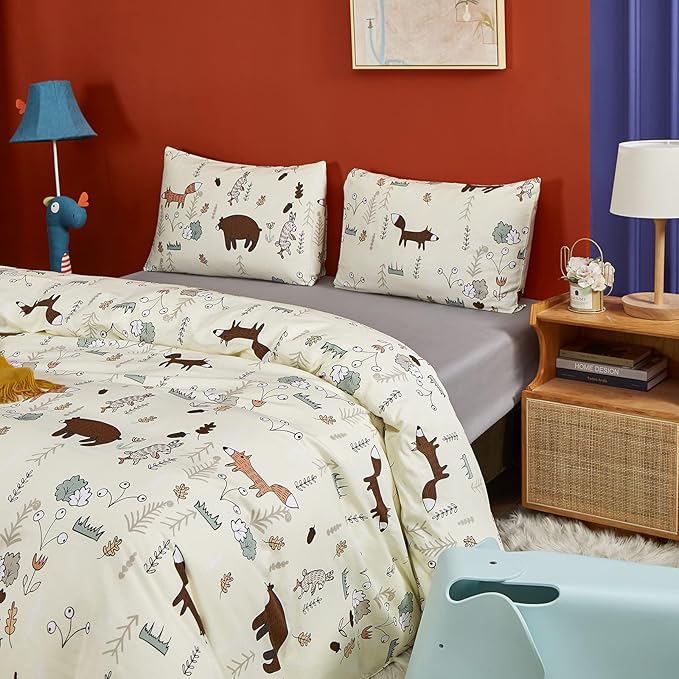 CLOTHKNOW Kids Comforter Set Twin/Twin XL 3Pcs Yellow Bear Bedding Comforter Sets Soft Animal Cartoon Comforter Fox Rabbit Beige Bedding with 2 x Pillow Cases