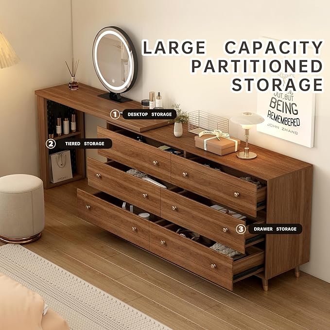 Makeup Vanity Desk Set with Full Aluminum HD Lighted Mirror and Stool, 60-100in Extendable Modern Vanity Table, 6-Drawer Solid Wood Frame Chest, Dressing Table for Bedroom, Brown