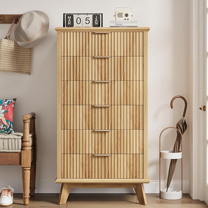 QUW Fluted 6 Drawer Dresser for Bedroom, Modern Tall Chest of Drawers with Metal Handle, Large Wood Storage Chest Organizer Accent Storage Cabinet for Living Room, Hallway, Entryway, Natural Oak