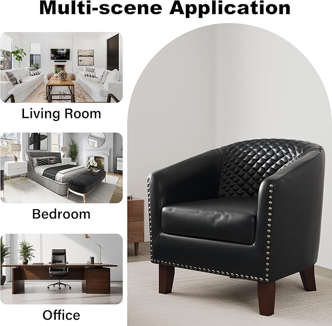 Accent Barrel Chair, Upholstered Faux Leather Club Chair with Nailed Trim, Comfy Reading Armchair for Living Room Bedroom Reception Room Office (Black, Set of 4)