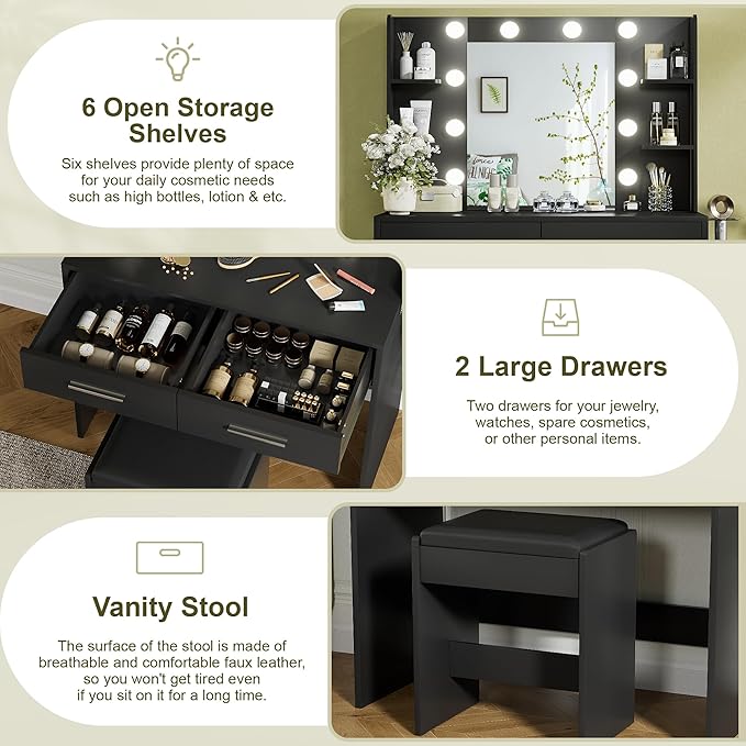 YESHOMY Vanity Desk with Mirror, Makeup Table with 2 Large Drawers, Power Outlet and Round Holder, 3 Color Modes Adjustable Bulb, Bench Included, Pure Black