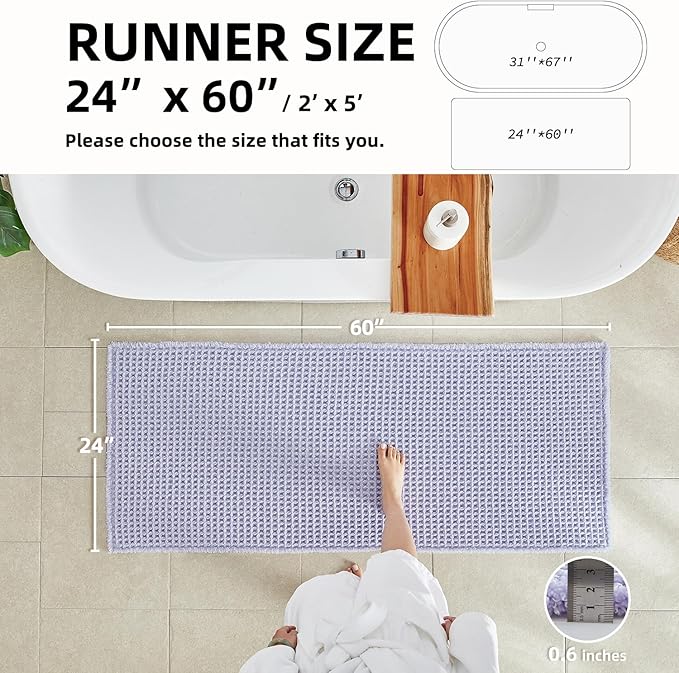 Waffle Runner Rug Bathroom, Boho Bathroom Rugs Non Slip Washable Long Super Absorbent Quick Dry Cute Bath Mat Farmhouse Bath Mat, 60''x24'' Lavender Cream