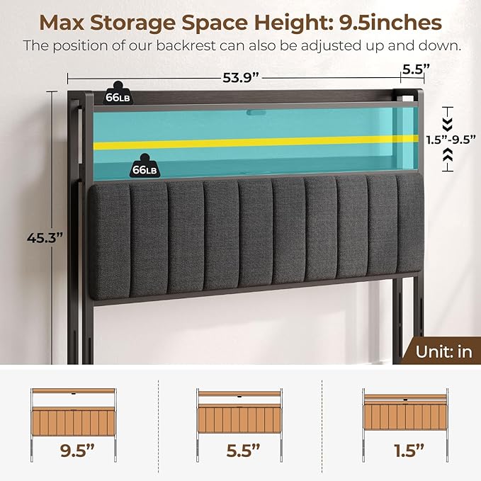 Rolanstar Headboard for Full Size Bed with Storage, 60,000 DIY Color of LED Light, Head Board with USB & Type C Port, Height Adjustable, Black Upholstered Cabeceras de Cama Comfortable Modern, Stable