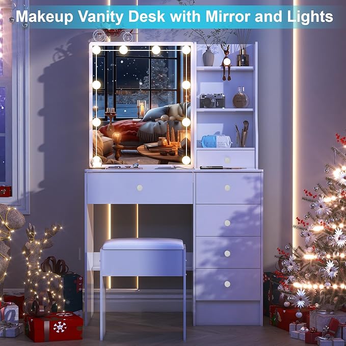 Small Vanity with Mirror and Lights,Vanity Table with 6 Drawers 6 Storage Shelves & 10 LED Bulbs Slide Mirror for Bedroom,White,31.5" L*14.2" W*51.2" H