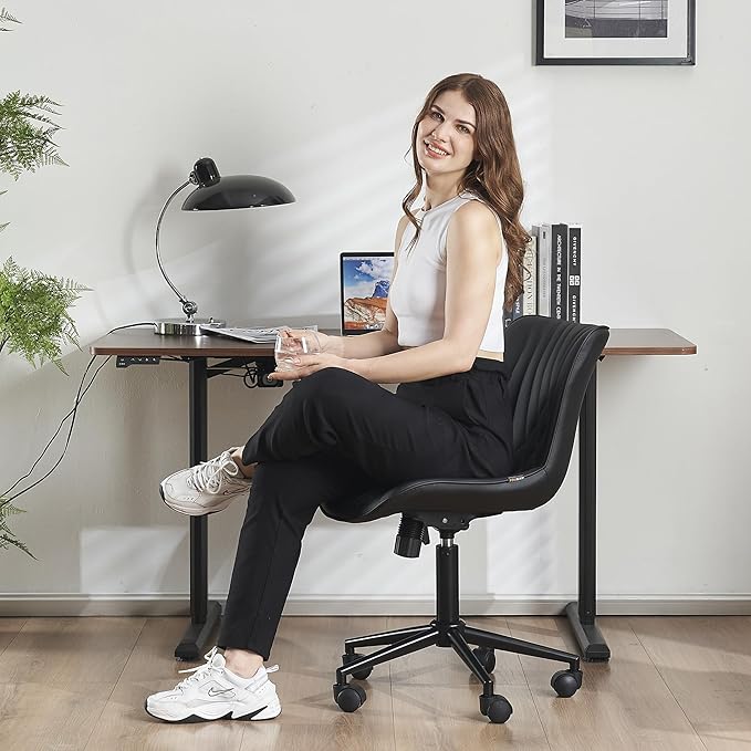 YOUTASTE Black Office Chair, Modern Armless Desk Chair with Back, Adjustable Swivel Rolling Faux Leather Task Chair with Wheels Metal Base for Home Office, Study, or Vanity