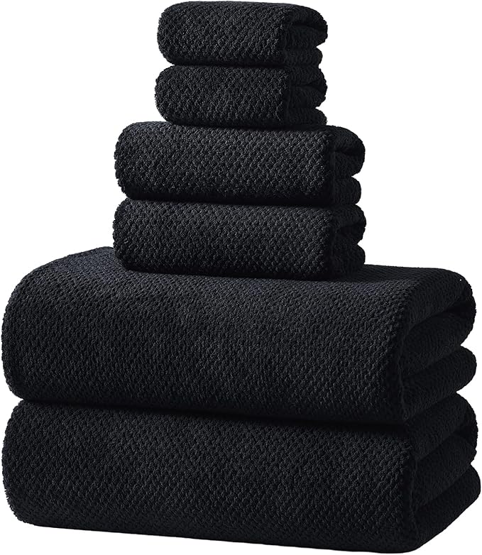 REDKISS 6-Piece Bath Towel Set - 2 Washcloths, 2 Hand Towels, 2 Bath Towels | Ultra-Fiber Coral Fleece, Super Absorbent, No Lint & No Fading | Perfect for Bathroom, Spa, Gym | Family & Adults-Black