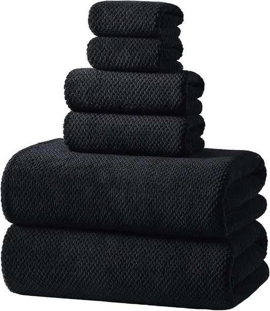 REDKISS 6-Piece Bath Towel Set - 2 Washcloths, 2 Hand Towels, 2 Bath Towels | Ultra-Fiber Coral Fleece, Super Absorbent, No Lint & No Fading | Perfect for Bathroom, Spa, Gym | Family & Adults-Black