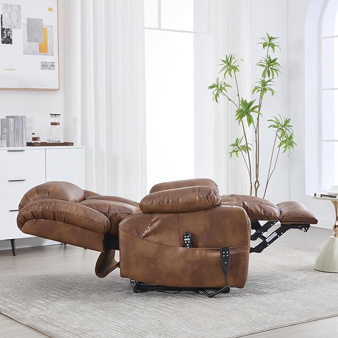 Lay Flat Lift Recliner Chair with Massage & Heat for Elderly People, Electric Power Lift Chair with Dual Motor, Cup Holders and 2 Remote Controls, Breathable Faux Leather Brown