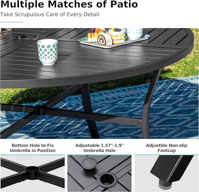 MFSTUDIO Patio Table and Chairs Set of 6, Round Outdoor Dining Set with Umbrella Hole, 7 Piece Patio Dining Set for Deck, Backyard, Poolside & Garden