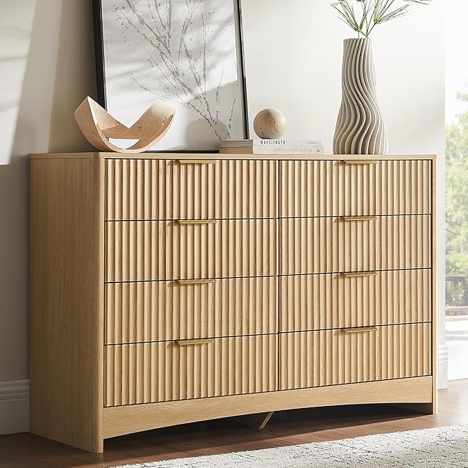 Amada Modern 8 Drawer Dresser, Fluted Wood Chest of Drawers with Rounded Corners, Pre-Installed Drawer Slides, Dresser TV Stand and Storage Organizer for Bedroom, Hallway, Natural Oak