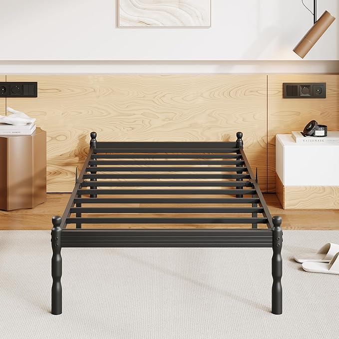 ZIYOO Twin Size Bed Frame with Mattress Slide Stopper, 14 Inches Heavy Duty Sturdy Platform with Vintage Style, Anti-Slip Design, Easy Assembly, No Box Spring Needed