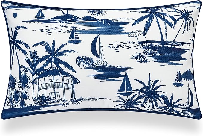 Hofdeco Premium Coastal Hampton Style Patio Indoor Outdoor Lumbar Pillow Cover Only, 12"x20" Water Resistant for Backyard, Couch, Navy Blue Beach Scene