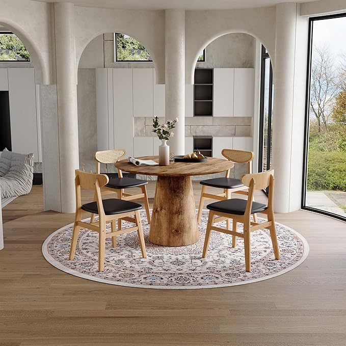 45 Inch Round Dining Table Set for 4, 5 Piece Kitchen Table and Chairs Set, Wooden Table with Light Walnut Finish, Small Space Dining Set for Apartment or Dining Room