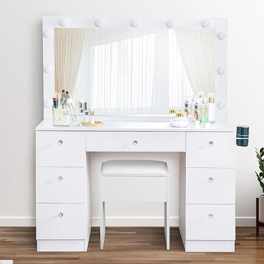 Naomi Home 46" Vera Vanity Set – Makeup Desk with Mirror, 11 LED Lights, Adjustable Brightness & 3 Lighting Modes – Includes Chair and 7 Storage Drawers