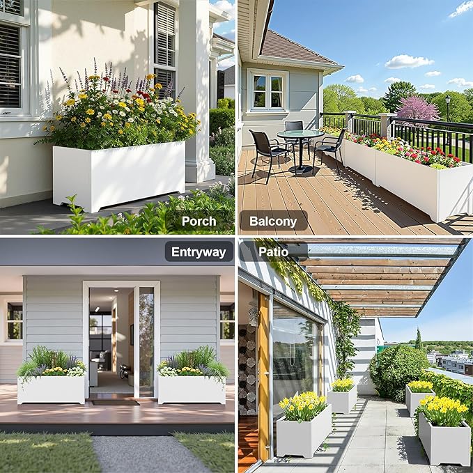 Metal Large Rectangular Planter 32" L x 15" W x 15" H,- Long Planter Box with 6 Drainage Holes & Raised Bottom, White Planter Boxes Outdoor Modern Design for Patio, Garden, Porch