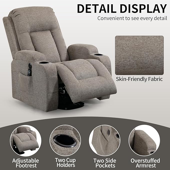 PELUMY Power Lift Recliner Chair for Elderly with Massage & Heat - Heavy Duty Electric Lift Chair, Oversized Recliner, Lay Flat, 8-Point Vibration, Lumbar Heating, USB Port, Cup Holders (Khaki)