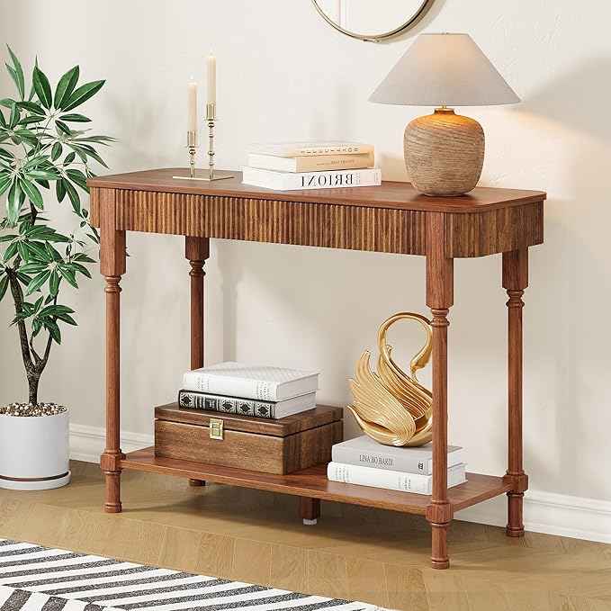43.3” Console Table with 2 Drawers, Modern Retro Entryway Table with Fluted Panel & Storage Shelf, Narrow Wood Behind Couch Sofa Table for Living Room, Foyer, Hallway(Walnut)