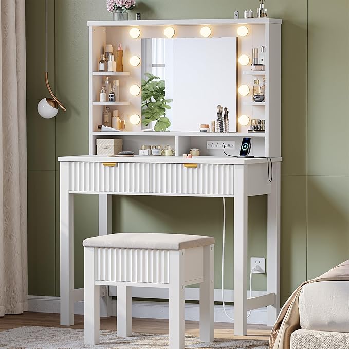 Vanity Desk with HD Mirror and 3-Color Adjustable Lights, Fluted Makeup Vanity with Storage Stool, 2 Large Drawers & Charging Station, Small Vanity for Women's Bedroom, Dressing Room, White