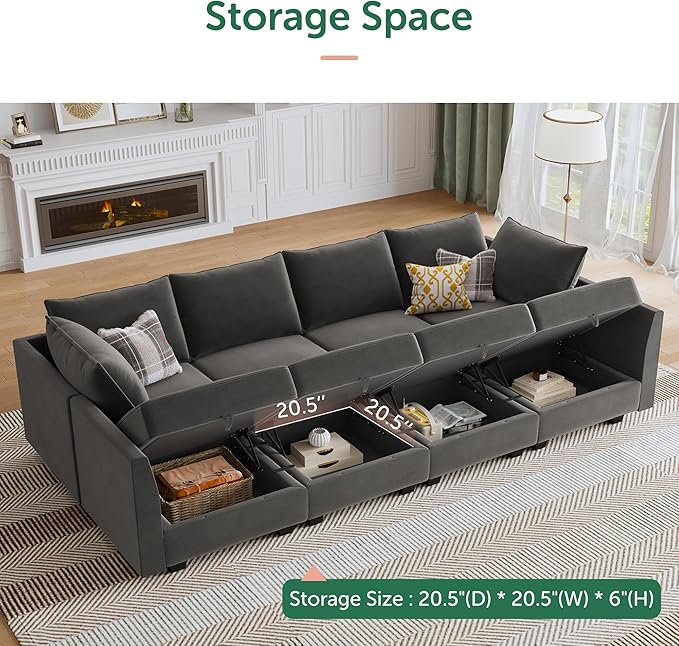 HONBAY Modular Sectional Sleeper Sofa Velvet Sleeper Couch with Storage Seats Oversized Sectional for Living Room,Grey