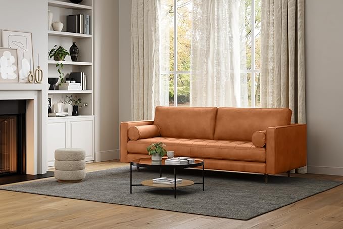 Valencia Isabella 88" Wide Sofa with 2 Bolsters | Italian Nappa 11000 Full Grain Leather, Mid-Century Tufted Couch for Living Room, Kiln-Dried Wood Frame, Down Feather Filling, Cognac