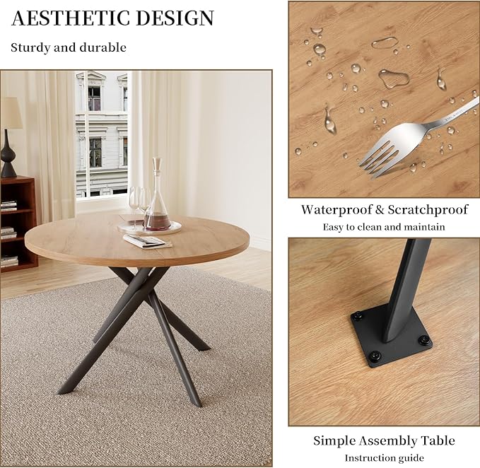 45.3 Inch Modern Round Dining Table for 4, Space-Saving Dinette with Carbon Steel Legs for Home Kitchen Apartment(Oak Table)