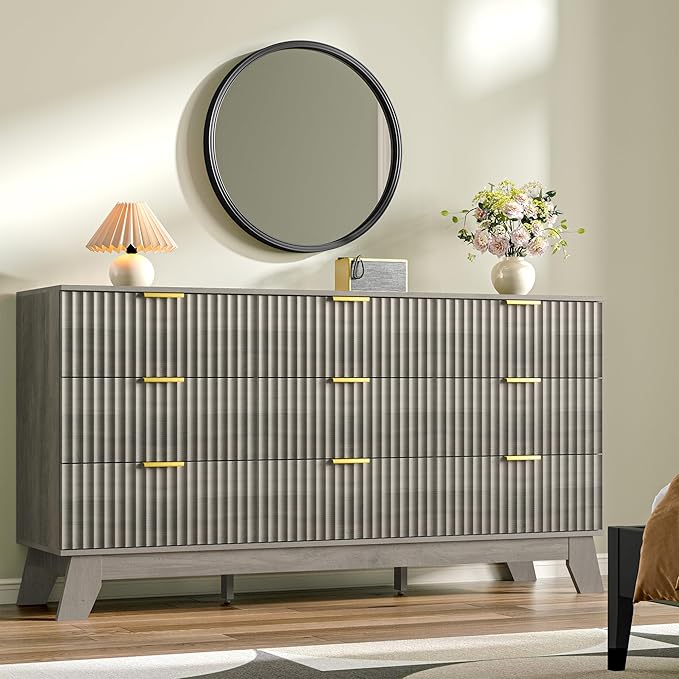 Fluted Dresser for Bedroom with 9 Drawers, 57" Mid Century Modern Dresser of Closet TV Stand, Nature Wood Dressers with Gold Handle, Boho Closet Wide Modern Chest of Drawers, Grey