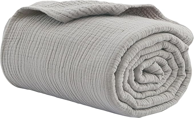 100% Cotton Muslin Queen Blanket (90" x 90") – A Luxuriously Soft, 4-Layer Lightweight and Breathable Gauze Blanket, Perfect for Year-Round use on beds, couches (Grey, Queen)