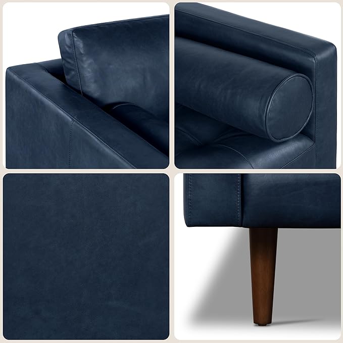 Poly & Bark Napa Leather Couch - 88.5-Inch Office Sofa with 2 Bolsters - Full-Grain Leather Sofa for Living Room with Feather-Down Topper - Living Room Couch - Vintage Italian Leather in Midnight Blue