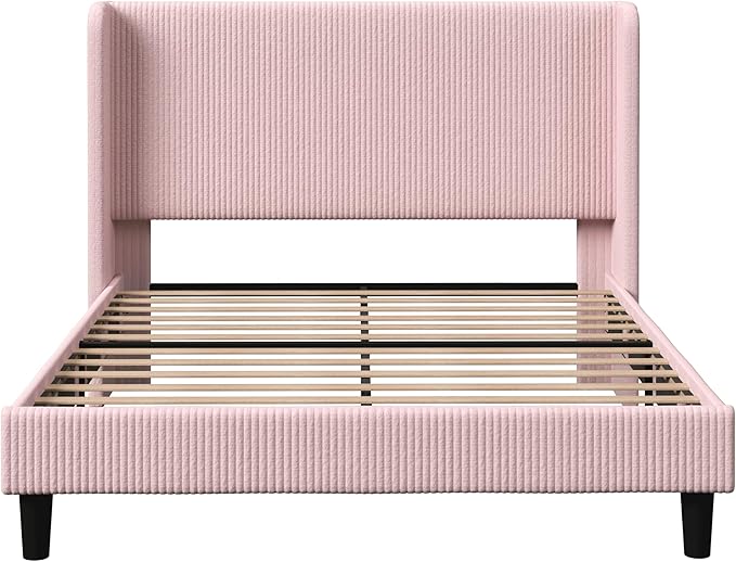 Allewie Queen Size Bed Frame with Upholstered Wingback Headboard, Vertical Channel Tufted Corduroy Velvet Platform Bed, Strong Wooden Slats Support, No Box Spring Needed, Easy Assembly, Light Pink
