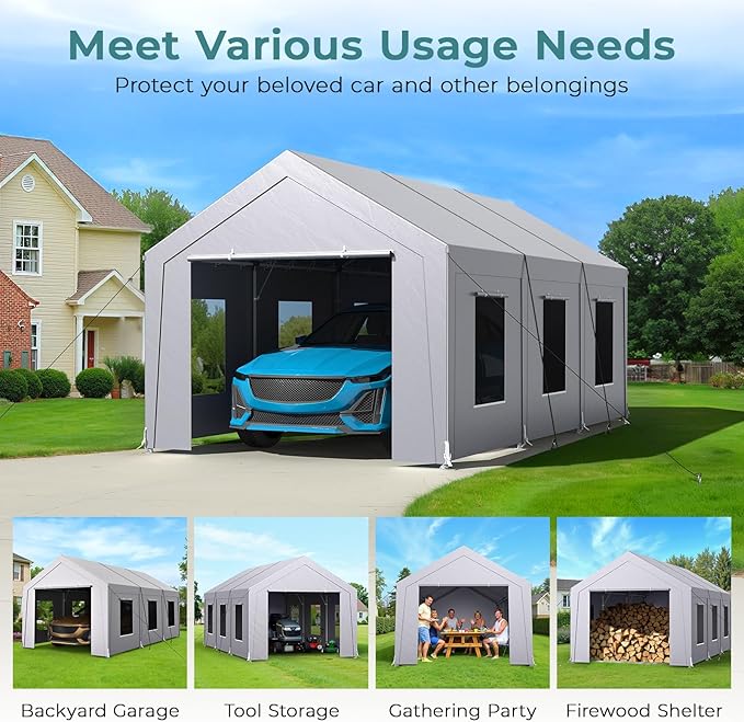 Carport 10x20 ft Heavy Duty, Car Port with Reinforced Steel Frame and 6 Roll-up Windows, Portable Garage with Sturdy Ground Nails, Waterproof All-Season Car Canopy for Boat, Truck, Grey