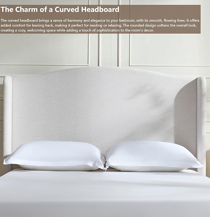 Queen Wingback Bed Frame, 54" Tall Headboard, Chenille Upholstery, Heavy Duty Support, Solid Wood Feet, Easy Assembly (Ivory White Chenille Camelback,Queen)