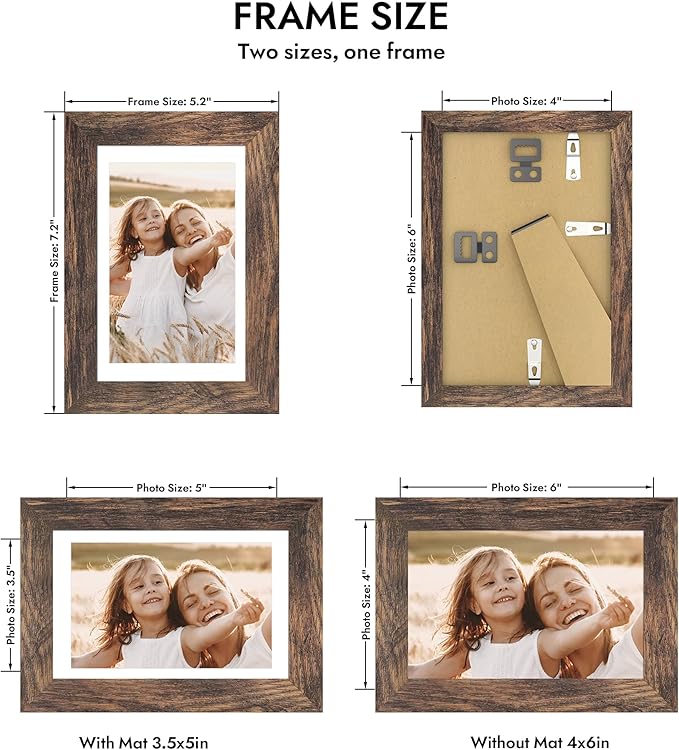 4x6 Picture Frame with Glass, Display Pictures 3.5x5 with Mat or 4 x 6 without Mat - Wall and Tabletop, 4 by 6 Photo Wooden Frames (Rustic Brown, 1 Pack)